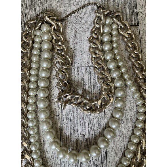 Chunky Chain Faux Pearl Necklace Fashion Jewelry Multi Layered Gold Tone - Picture 4 of 6